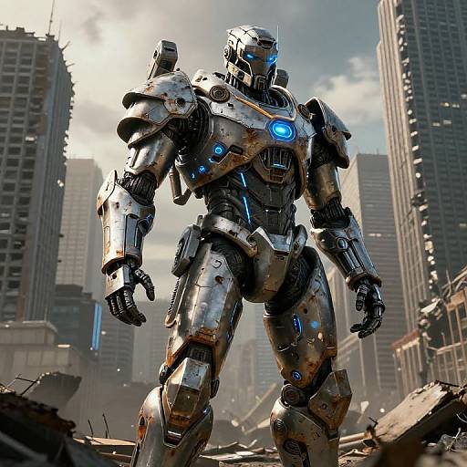 CGI image of a tall, silver, blue-accented humanoid robot standing amidst a ruined cityscape with tall, damaged skyscrapers in the