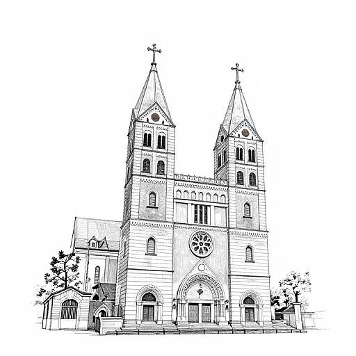 Detailed black-and-white line drawing of a Gothic-style church with two tall towers, cross-topped spires, and arched windows.