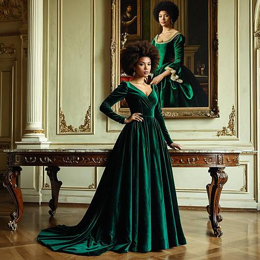 Woman in Emerald Velvet Evening Gown in Opulent Interior