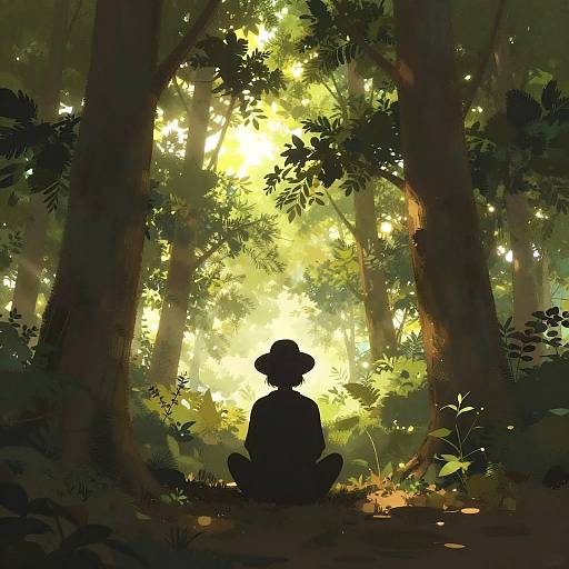 Silhouette Sitting in Mystical Forest