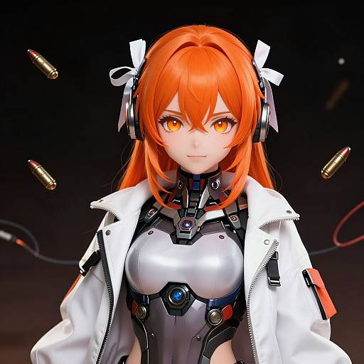 Digital anime-style illustration of a red-haired girl with amber eyes, wearing a white jacket over a black, armored bodysuit, with bullets floating around
