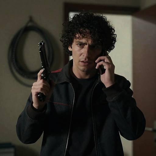 Man Holding Gun and Talking on Phone