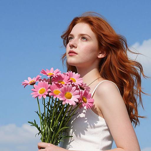 Red-Haired Woman with Pink Daisies