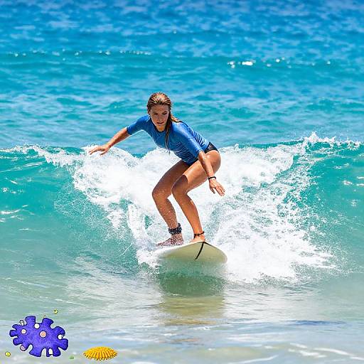 Photograph of a young man in a blue rash guard and black shorts, surfing a small wave in vibrant blue ocean water. Bright sunlight, playful water