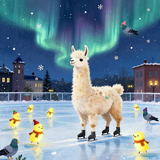 Whimsical Llama Skating Under Aurora Lights