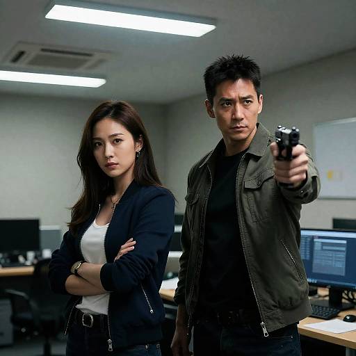 Serious Asian duo with gun in office