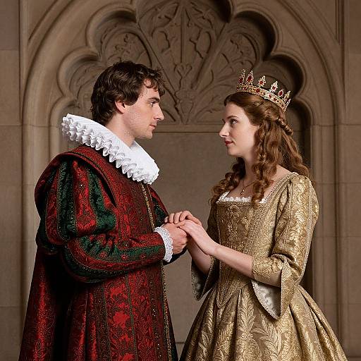 Photograph of a medieval-themed couple holding hands; man in red velvet robe with white ruff, woman in gold embroidered gown and gold crown, standing