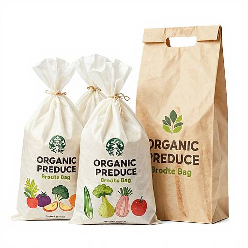 Photograph of three organic produce bags: two white with colorful vegetable illustrations, one brown with green leaf logo. Text reads 