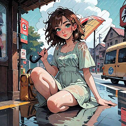 Anime Girl in Rainy Urban Scene