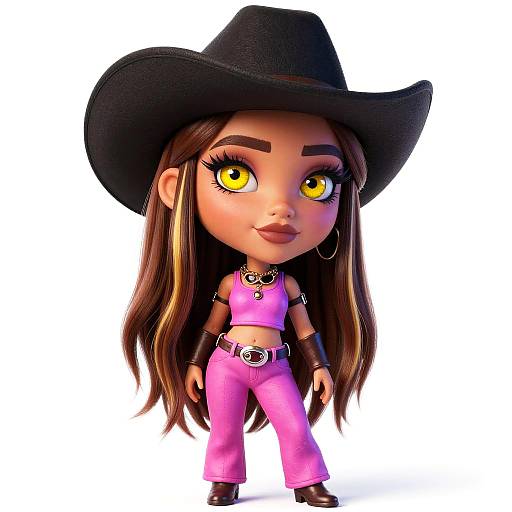 Chibi-style doll with large yellow eyes, long brown hair, black cowboy hat, pink crop top, and pants, standing confidently.