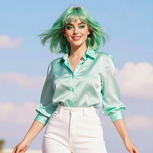80s Pastel Green-Haired Woman Portrait