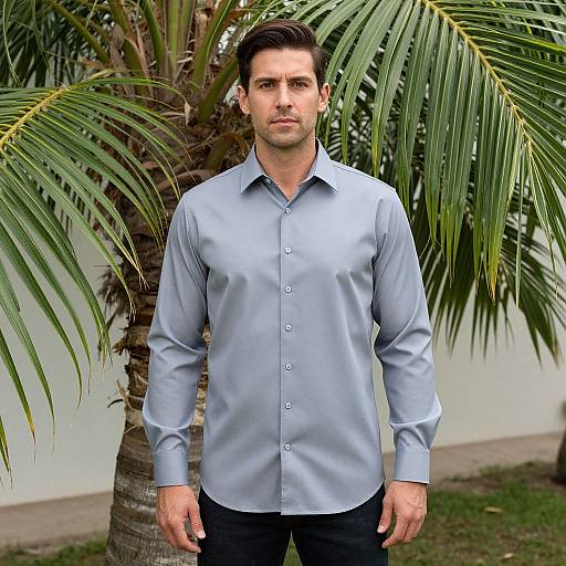 Photograph of a handsome, dark-haired man in a light blue, button-up shirt, standing in front of a palm tree with green fronds.