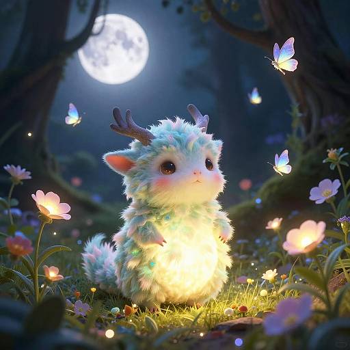 Whimsical digital artwork of a fluffy, glowing, antlered creature with large eyes, surrounded by glowing butterflies and flowers under a full moon in