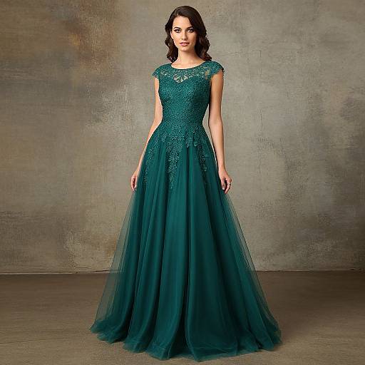 Photograph of a woman with dark hair in an elegant, floor-length, teal lace gown with sheer tulle skirt, standing against a textured gray background
