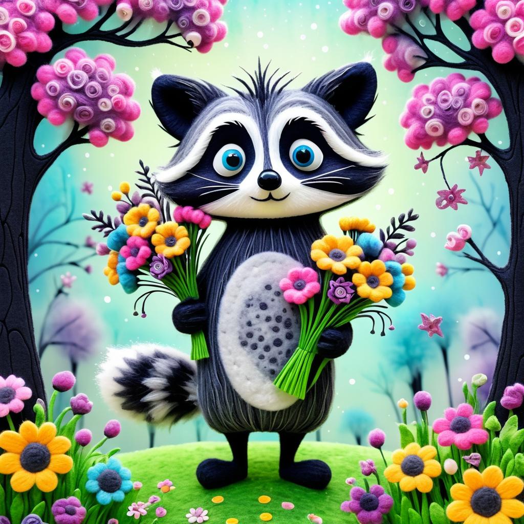 Whimsical Raccoon with Surreal Blooms