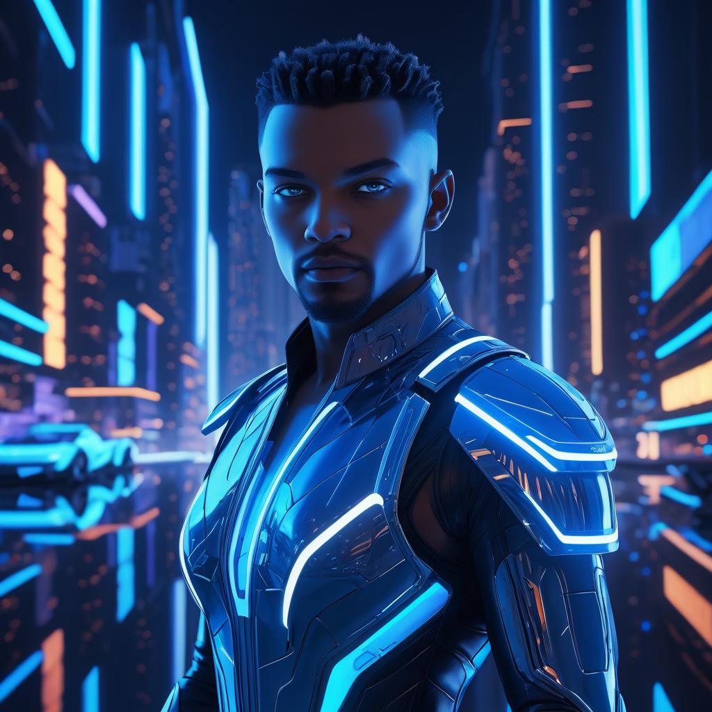 Futuristic Cyborg in Neon Cityscape