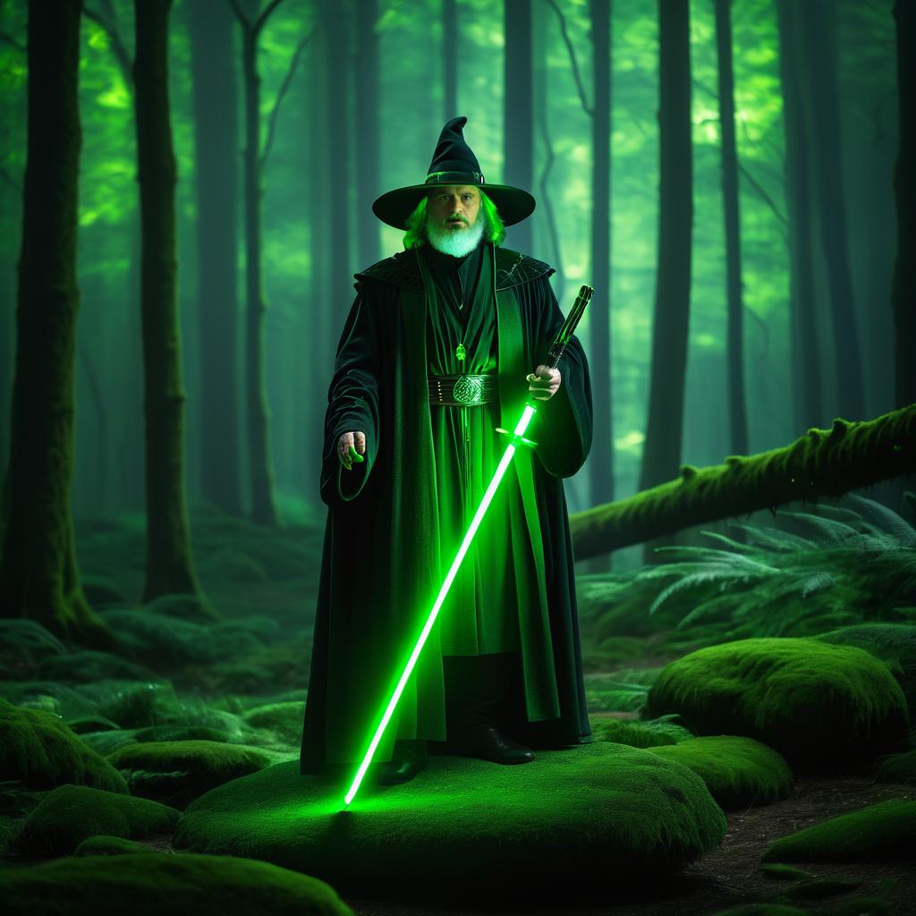 Wizard with Lightsaber in Magical Forest