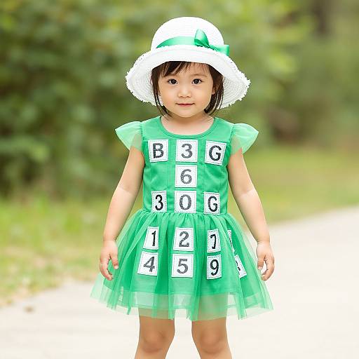 Photograph of an Asian toddler in a green dress with numbered patches, white hat, standing outdoors on a grassy path.