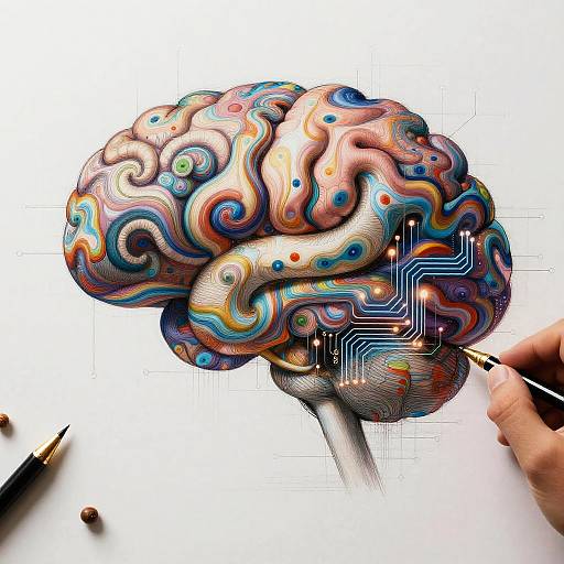 Vividly colored, digitally drawn human brain with swirling patterns, circuit lines, and dots, held by a hand with a pen.