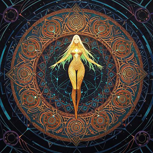 Ethereal Girl in Geometric Mandala Chaos