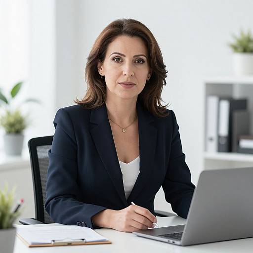 Photograph of a brunette woman in a black blazer and white top, sitting at a desk with a laptop, in a bright, modern office.