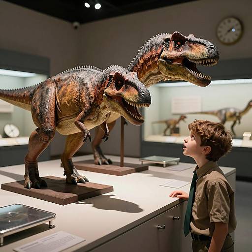 Surprised Boy with Dinosaur Exhibit