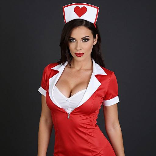 Photograph of a sexy woman in a low-cut, red nurse costume with white trim, heart-shaped hat, and black background.