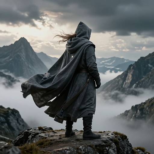 Digital painting of a hooded, cloaked figure standing on a rocky peak, facing misty mountain range under cloudy sky. Windswept, dramatic