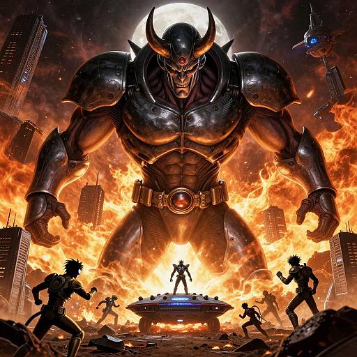 Digital art: Muscular demon with horns and red gem, towering over fiery cityscape. Silhouetted heroes confront him, standing on burning pl
