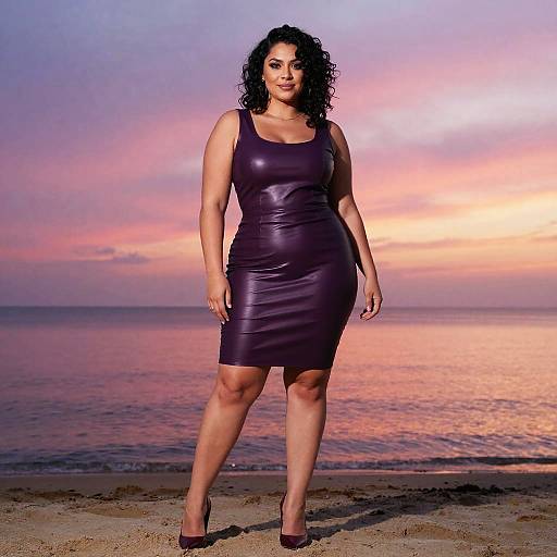 Photograph of a curvy, dark-haired woman in a tight, black leather dress and high heels, standing confidently on a beach at sunset with a