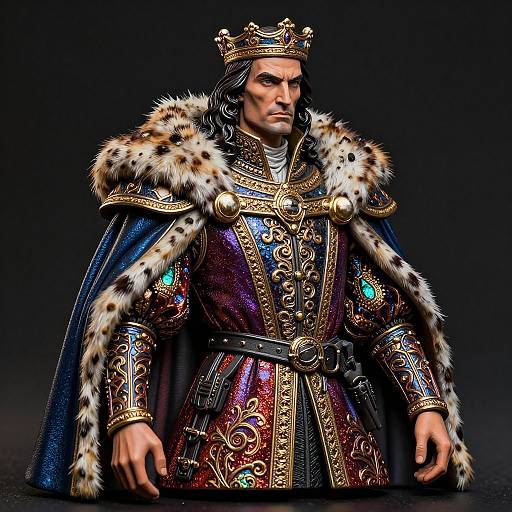 Photorealistic CGI of a regal king with long black hair, wearing an ornate gold crown, fur-trimmed blue robe, and intric