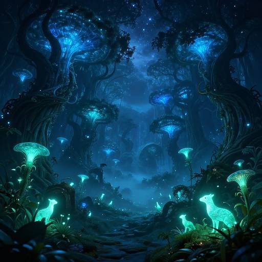 Digital artwork of a mystical, bioluminescent forest with glowing blue mushrooms and ethereal, luminescent trees in a dark, starry night