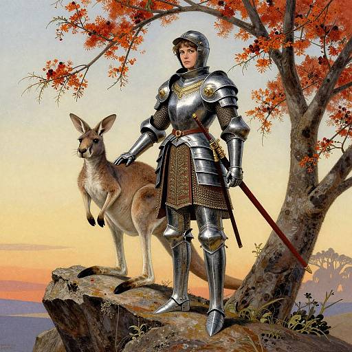 Medieval knight in shiny armor with helmet, standing on rock, holding sword, beside a kangaroo under an autumn tree, sunset background. Digital art