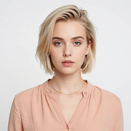 Photograph of a young woman with short blonde hair, fair skin, blue eyes, wearing a light pink blouse and gold necklace, against a white background