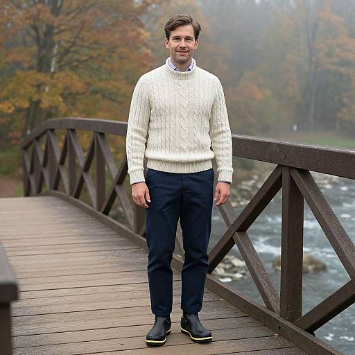 Photograph of a smiling man with short brown hair and beard, wearing a white cable-knit sweater, navy pants, and black shoes, standing on