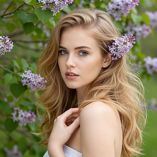 Photograph of a blonde woman with blue eyes, wearing a white top, surrounded by blooming purple lilac flowers, with green foliage in the background
