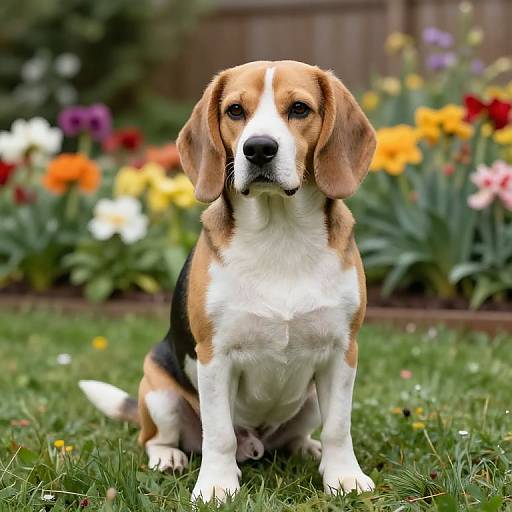 Photograph of a Beagle puppy with brown, white, and black fur sitting on green grass, surrounded by colorful blooming flowers in a garden,