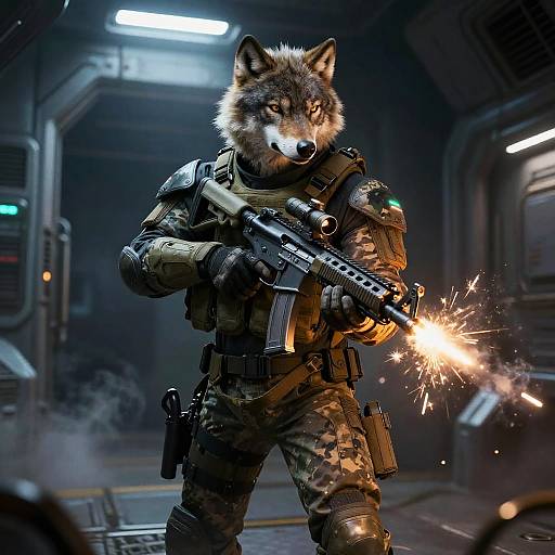 Arctic Wolf Commando in Neon Corridor