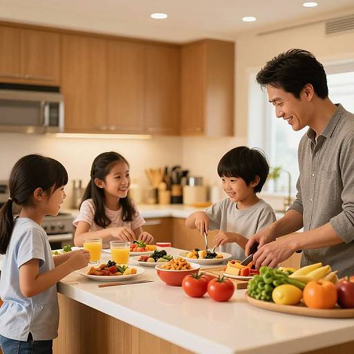 Photograph of a happy Asian family of four preparing a colorful salad in a modern, wooden kitchen, with fresh fruits on the counter and warm, recess