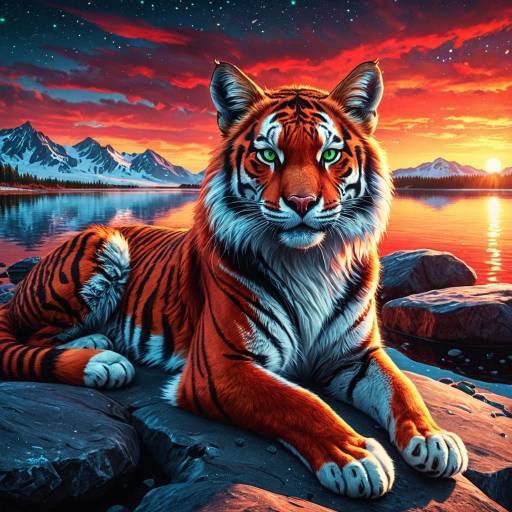 Crimson Tiger at Sunrise by the Lake