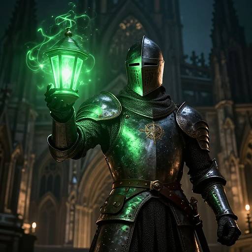 Knight in shiny, reflective armor holds glowing green lantern, standing in Gothic cathedral at night; eerie, magical atmosphere. CGI artwork.