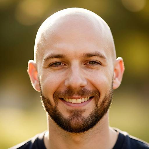Photograph of a bald, bearded man with a bright smile, fair skin, and brown eyes, wearing a black shirt, against a blurred outdoor
