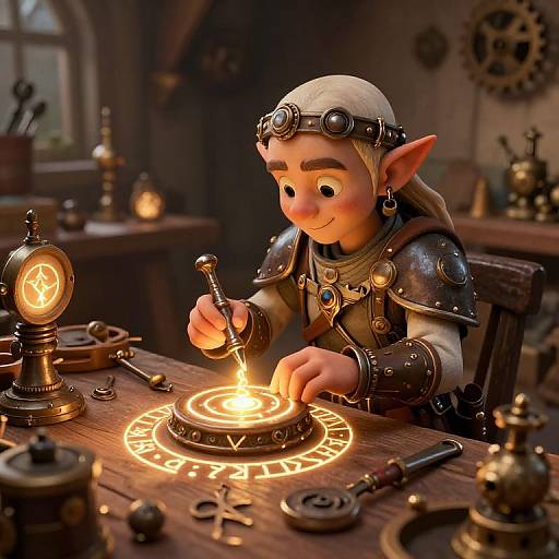 A CGI elf with pointed ears and goggles, wearing steampunk armor, casts a glowing magical spell on a wooden table in a dimly-lit
