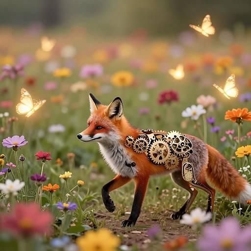 Digital art of a red fox with butterfly-patterned fur walking through a colorful meadow of blooming flowers, with glowing butterflies in the background. Vibr