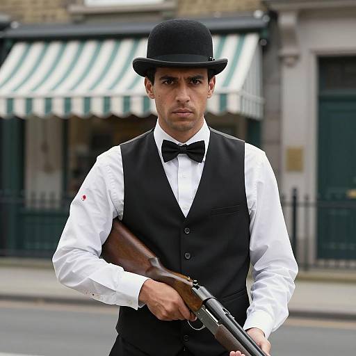 Man in Bowler Hat Holding Shotgun