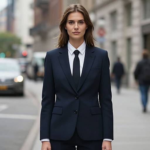 Photograph of a confident, brown-haired woman in a black business suit and white shirt, standing on a bustling urban street. Blurred city background with