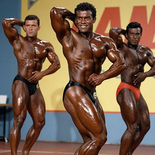 Photograph of three muscular, dark-skinned male bodybuilders in black and red briefs, posing on stage with yellow and blue backdrop.