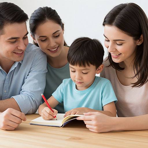 Photograph of a happy Caucasian family—father, mother, and son—sitting at a wooden table, reading a book together, with the father