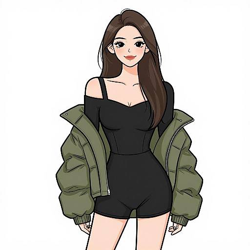Digital anime-style drawing of a fair-skinned woman with long brown hair, wearing an off-shoulder black romper and a green puffer jacket