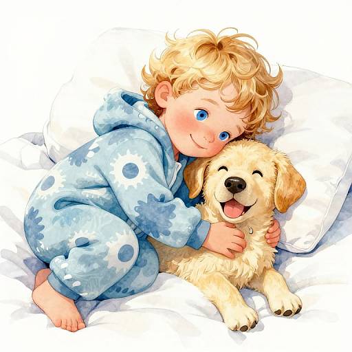 Toddler Boy Snuggling with Happy Yellow Labrador